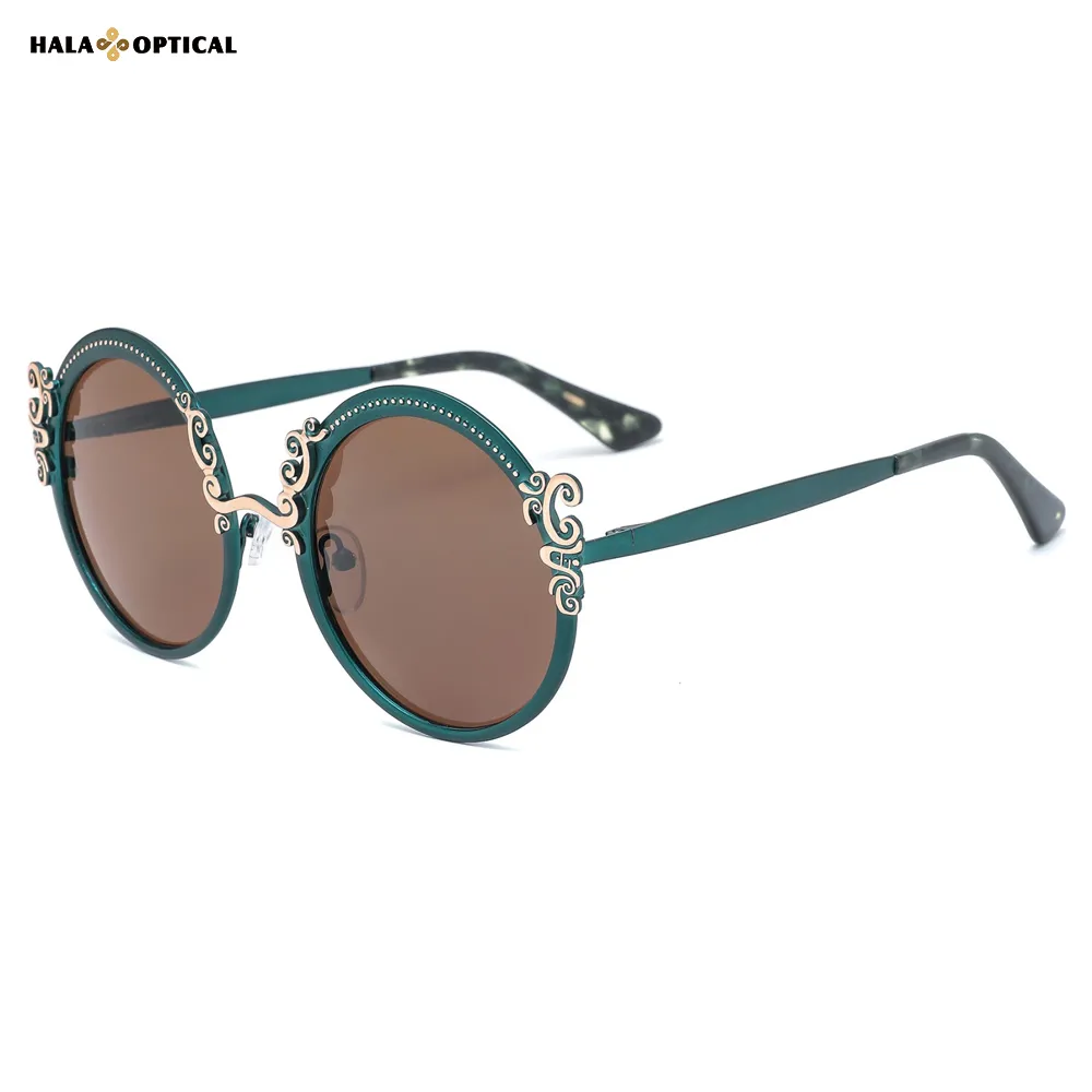 HM1028 Round Metal Sunglass Frames for Women – Elegant Floral Pattern, Lightweight & Comfortable (52-17-140)