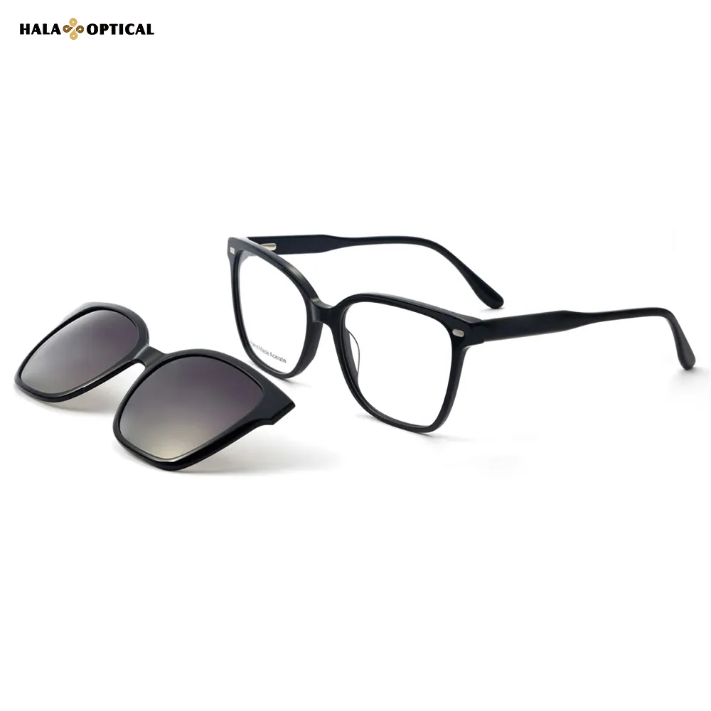 HS8563 Retro Wayfarer Hinged Clip-On Sunglass Frames, Premium Tortoiseshell Acetate, Oversized 