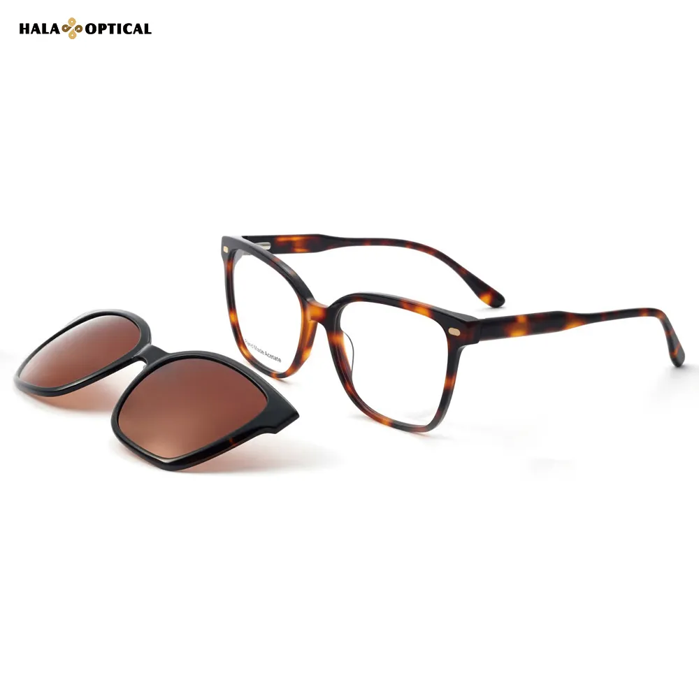 HS8563 Retro Wayfarer Hinged Clip-On Sunglass Frames, Premium Tortoiseshell Acetate, Oversized 