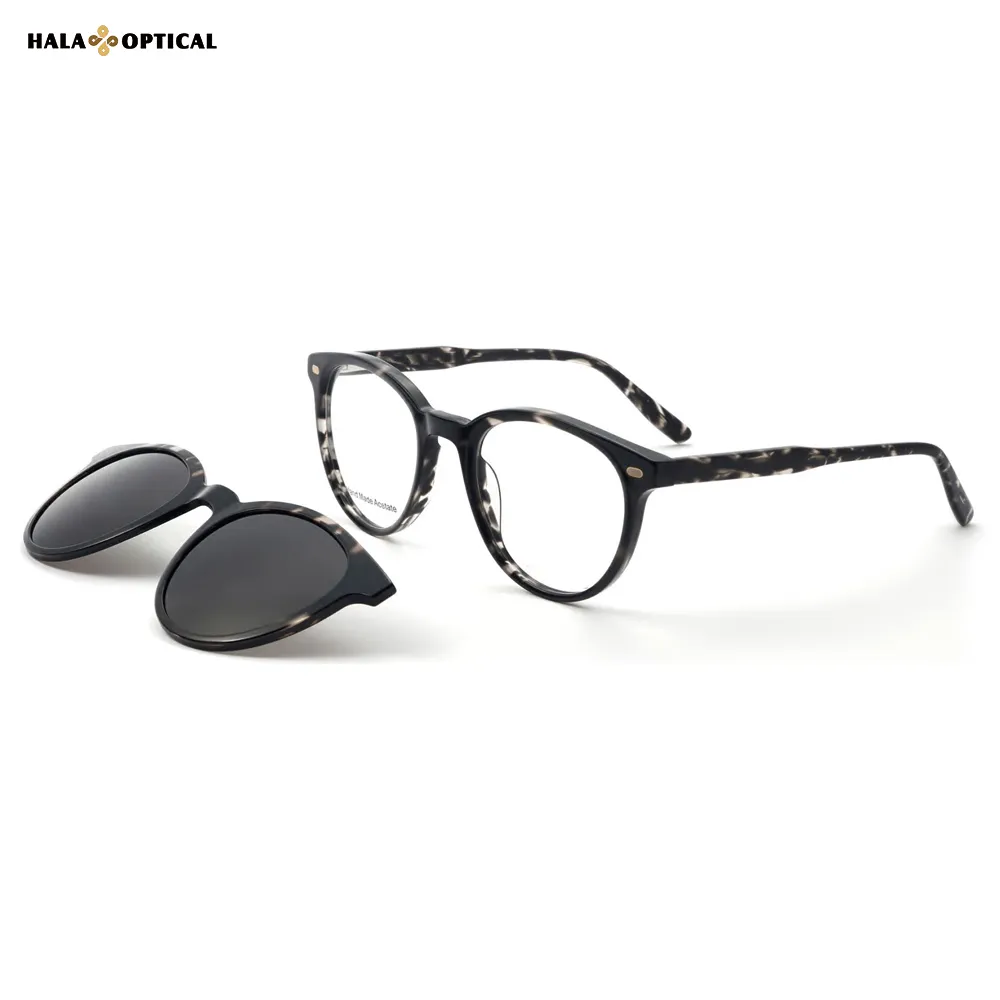 HS8567 Retro Oval Tortoise Shell Acetate Magnetic Clip on Eyeglasses  – Unisex Vintage-Inspired Hanging Sunglass Holder (50-22-142)